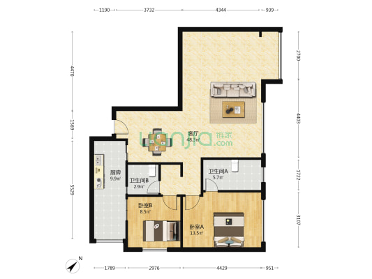 滨江天际 2室1厅2卫 118平方