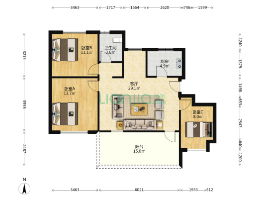 首创溪堤郡景园 3室1厅1卫 94平方