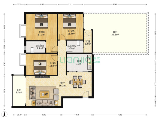 阳光家园百合苑 3室1厅2卫 131平方