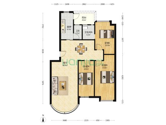 炭步楼 3室1厅2卫 105平方