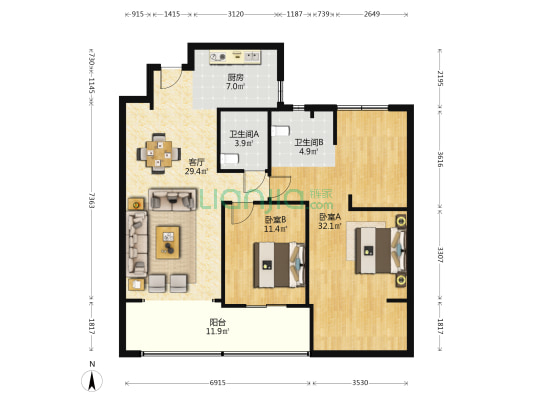 罗西住宅区九组团 2室1厅2卫 107平方