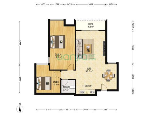 复地天玺 2室1厅1卫 88平方