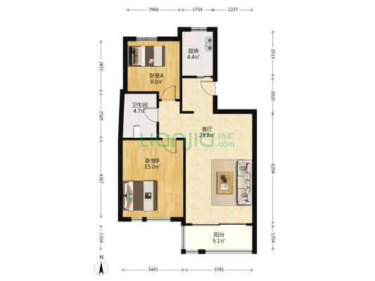 金色国际公寓 2室1厅1卫 93平方