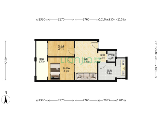 东华门街18号院 2室1厅1卫 46平方