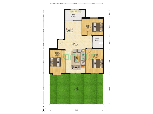 武警宿舍 3室1厅1卫 108平方