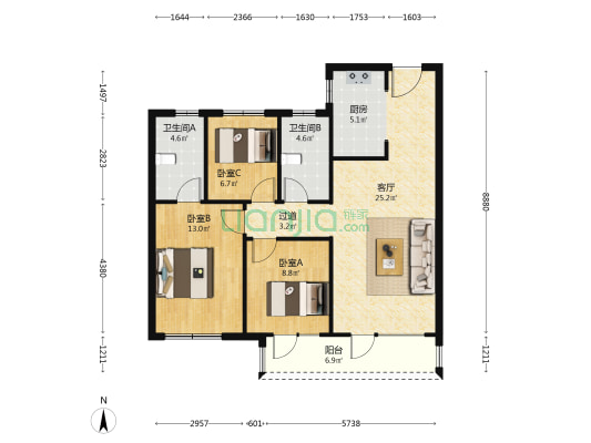 孔雀城柏悦府 3室1厅2卫 107平方