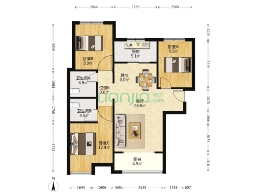 颐璟华苑 3室1厅2卫 117平方