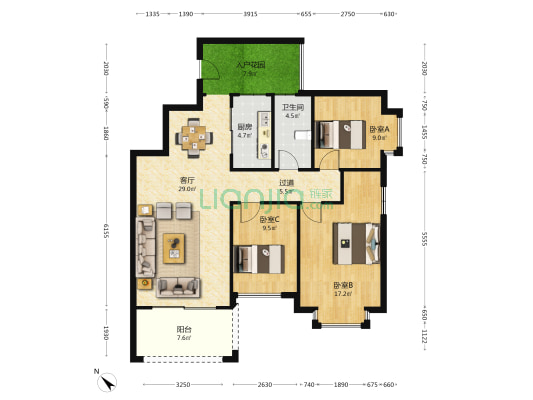 金榜御景园 3室1厅1卫 104平方