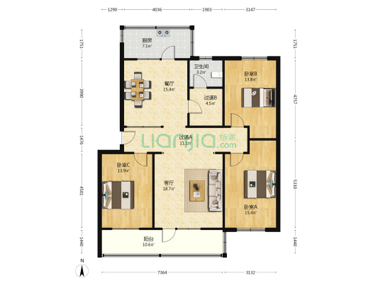 商贸城小区 3室2厅1卫 138平方
