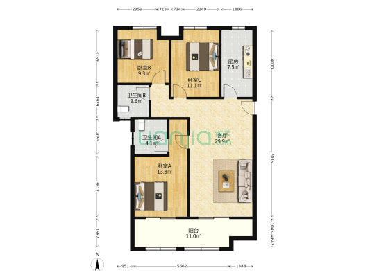 城投美棠水岸 3室1厅2卫 128平方