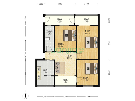 支矶石街20号 3室1厅1卫 77平方