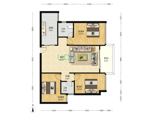罗浮印象 3室1厅2卫 107平方