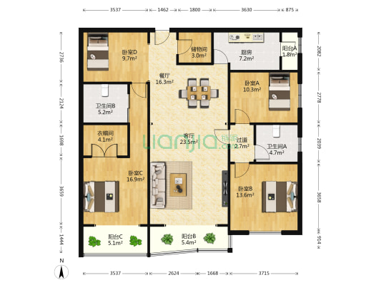 东业大厦 4室2厅2卫 178平方