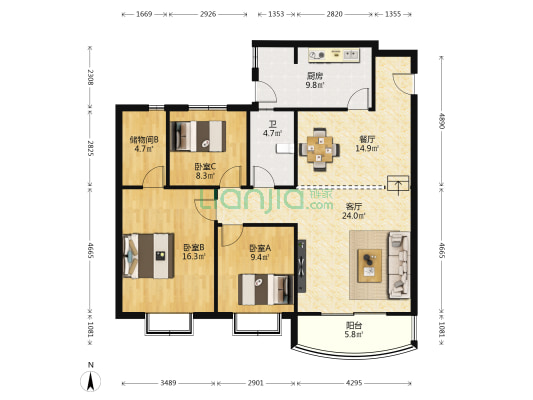 锦源居 3室2厅1卫 113平方