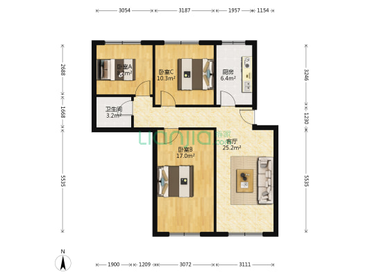 陕西街74号 3室1厅1卫 87平方