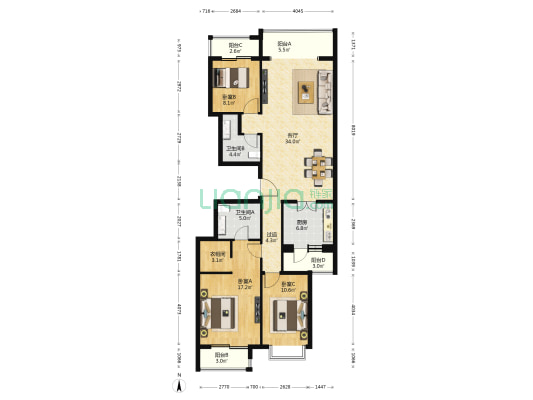 富力信然庭 3室1厅2卫 144平方