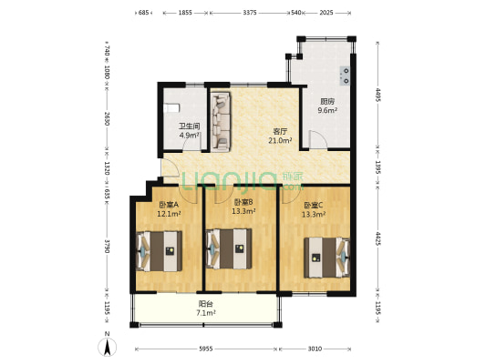 省文联宿舍 3室1厅1卫 90平方