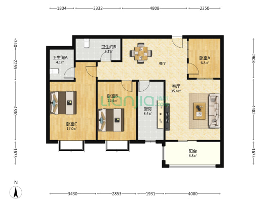 中央佳地国际广场 3室1厅2卫 126平方