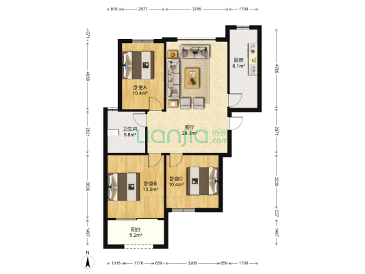 天筑香城 3室1厅1卫 102平方