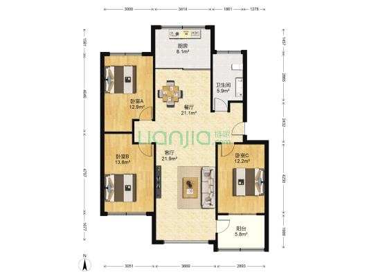 恒丰花园 3室2厅1卫 132平方
