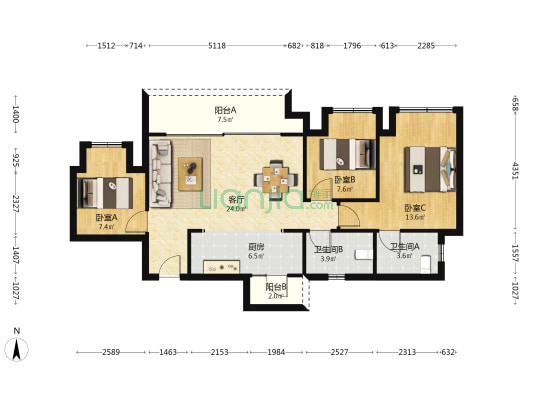 金科博翠宸章 3室1厅2卫 86平方
