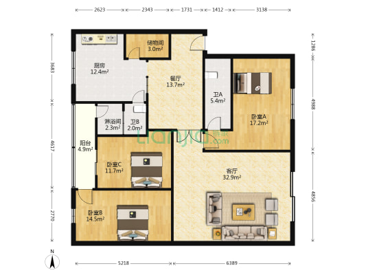钟楼路55号 3室2厅3卫 144平方