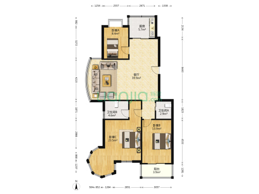 光辉岁月公寓 3室1厅2卫 135平方