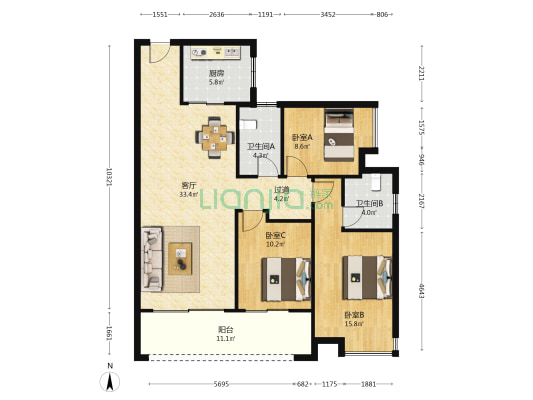 轨道万科悦府 3室1厅2卫 115平方