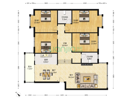 时代花园 4室2厅2卫 160平方
