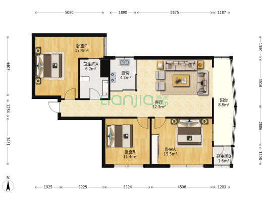 兆南龙都 3室1厅2卫 119平方