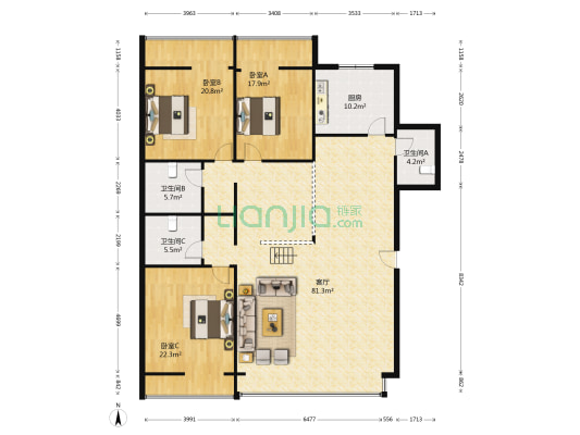 现代银河园 3室1厅3卫 198平方