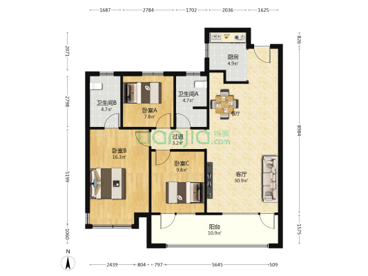 天泰书院康城 3室1厅2卫 118平方