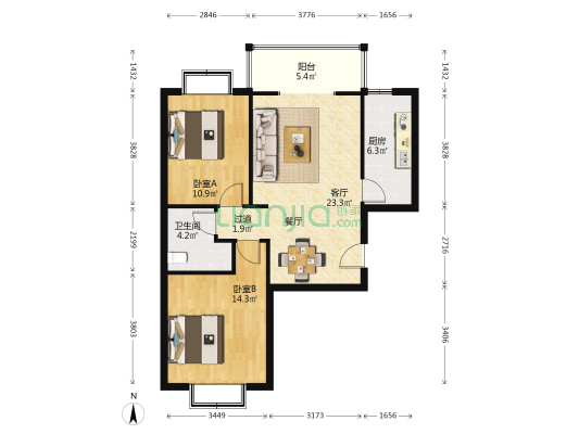 昆仑长乐小区 2室1厅1卫 91平方