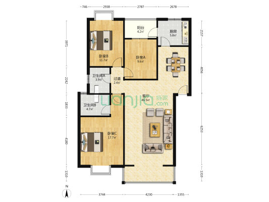 东润风景二期 3室1厅2卫 127平方