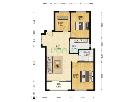 时代天元城 3室1厅1卫 88平方