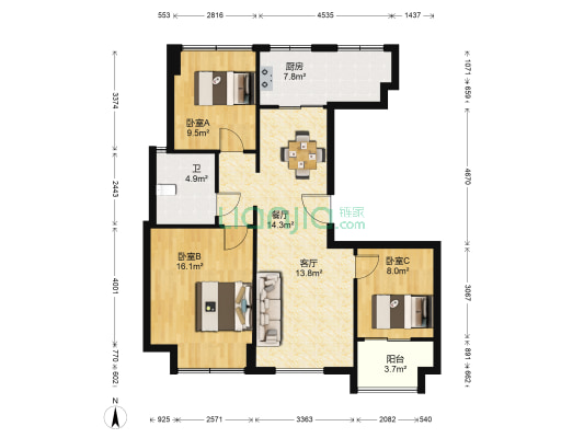 吉翔翡翠园 3室2厅1卫 91平方