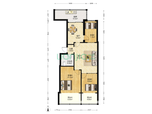 鸿达文化小区 3室2厅1卫 94平方