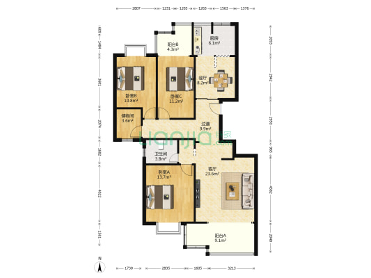 阳光家园紫荆苑 3室2厅1卫 130平方