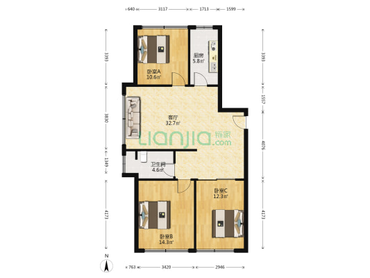 万光中华城 3室1厅1卫 108平方