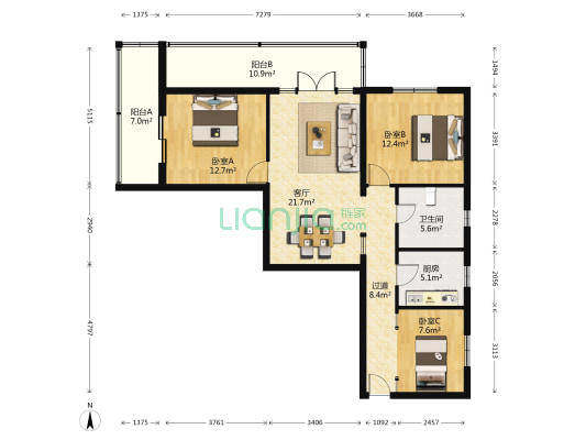 苏州街52号院 3室1厅1卫 114平方