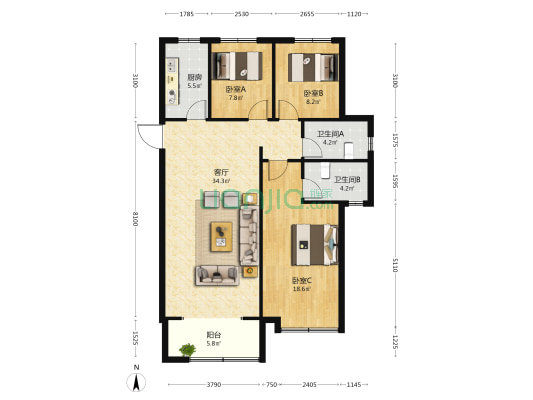 盛世天成福园 3室1厅2卫 125平方