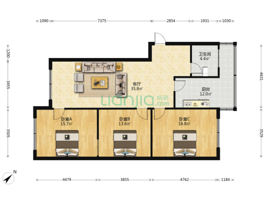 龙门北街2号 3室1厅1卫 114平方