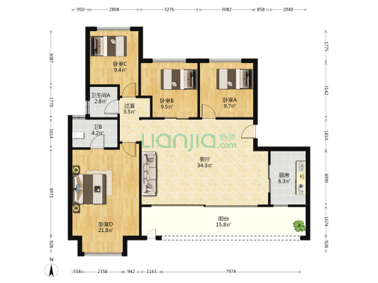 观山御璟二期一组团 4室1厅2卫 138平方