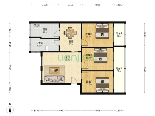 优胜南路8号院 3室2厅1卫 109平方
