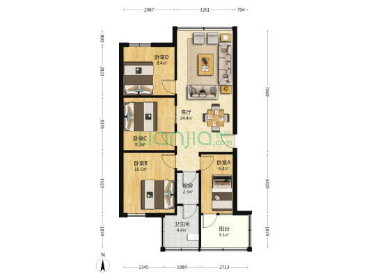 统建楼 4室1厅1卫 95平方