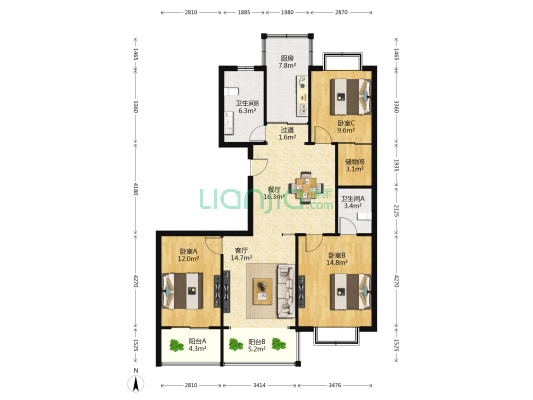 天竹星花苑 3室2厅2卫 136平方