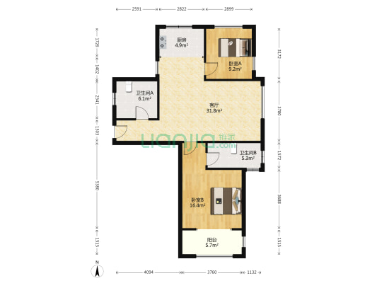 卓悦城北京未 3室2厅 东 南 北-户型图