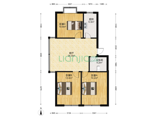 蝶园欣苑 3室1厅1卫 98平方