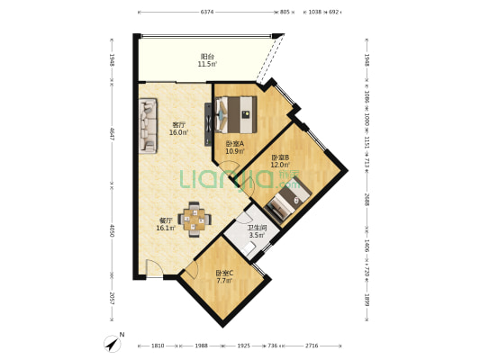 上宝花园 3室2厅1卫 84平方
