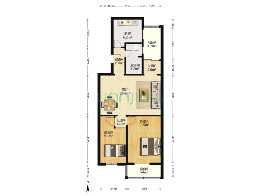 东滨河路2号院 2室1厅1卫 80平方